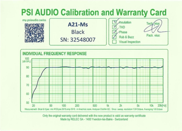A21-M Calibration and Warranty Card