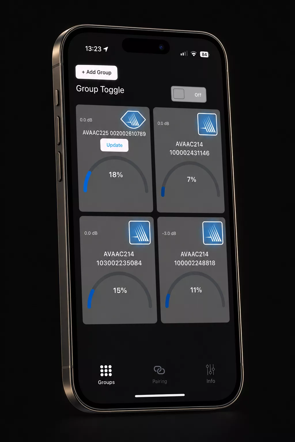 AVAA Controller app displayed on an iPhone